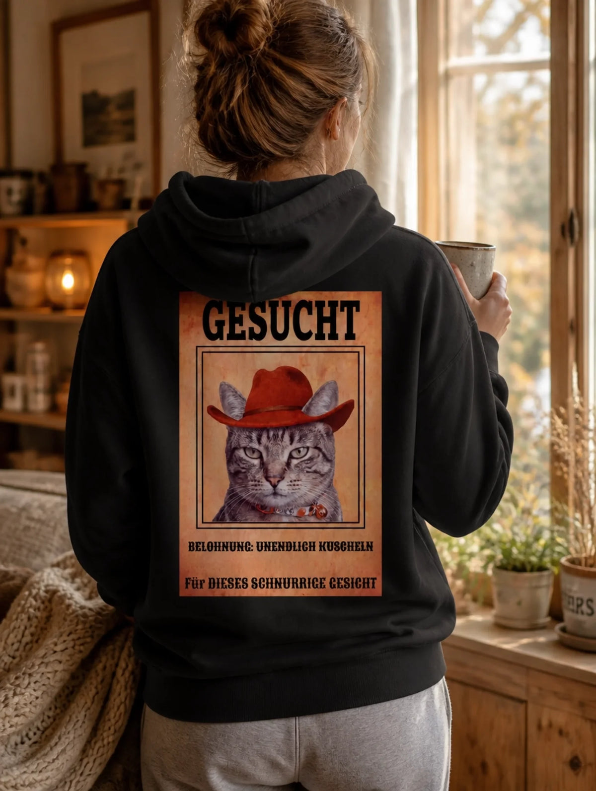 Gesucht: Meine Katze! – Lifestyle-Foto, Frau trägt den Hoodie von hinten