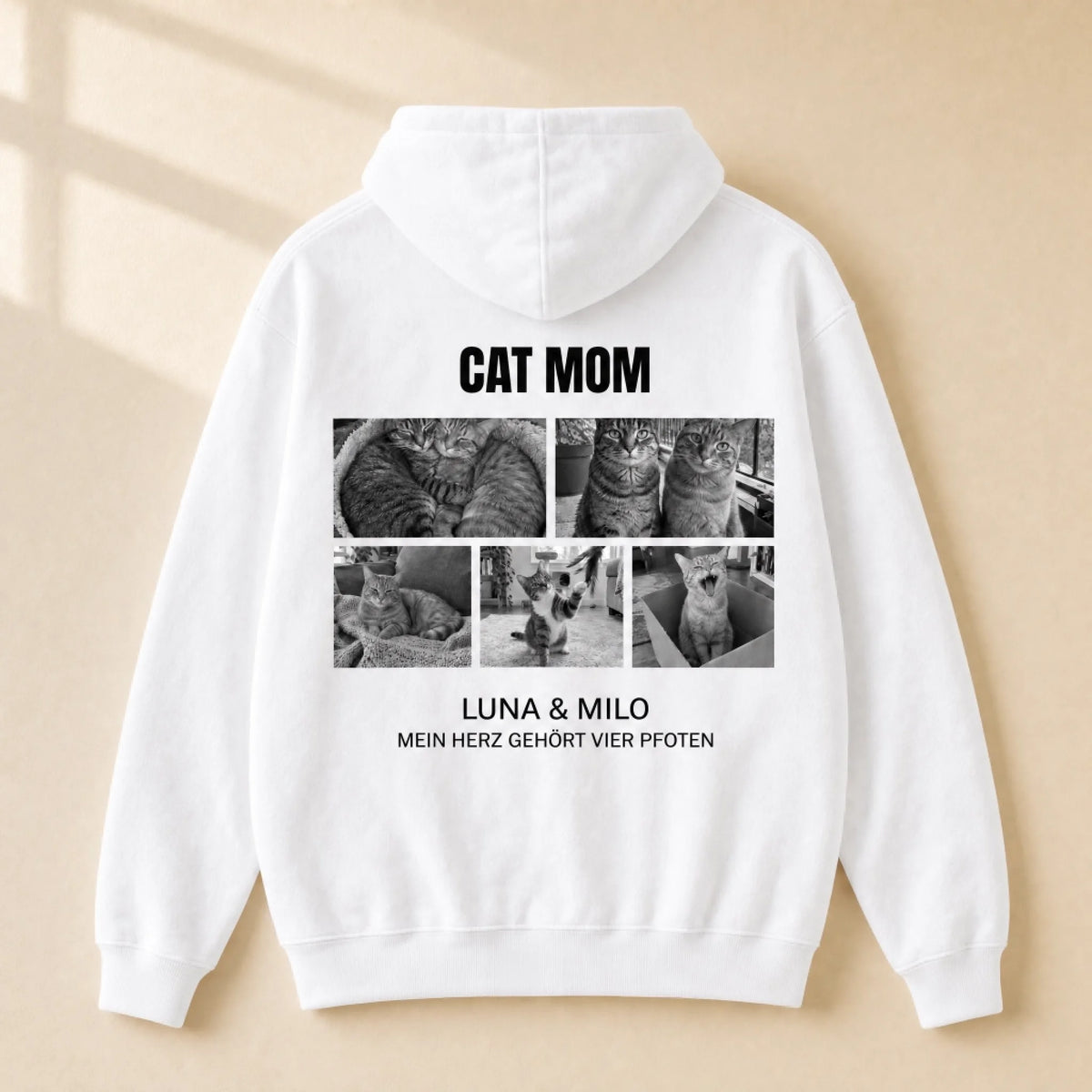 Cat Mom & Cat Dad Hoodie – Farbe Weiß, mit 5 Fotos