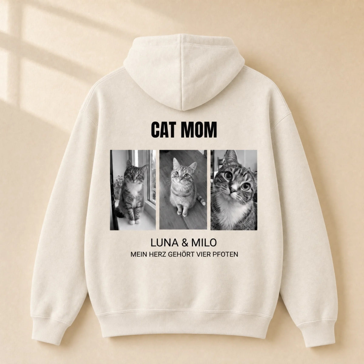 Cat Mom & Cat Dad Hoodie – Farbe Beige, mit 3 Fotos
