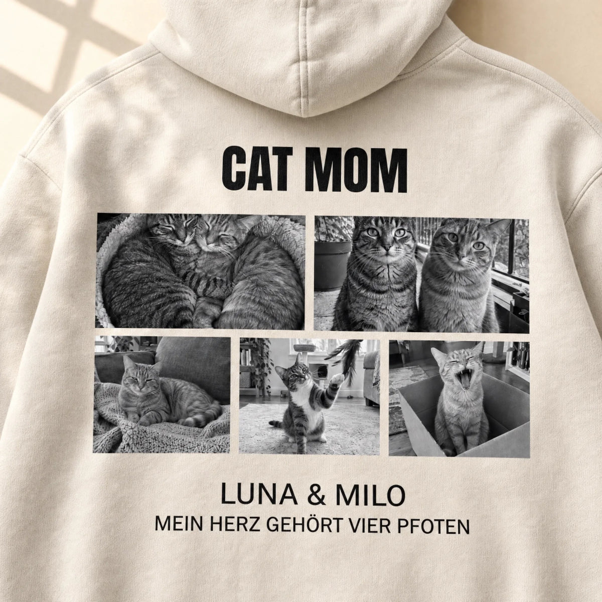 Cat Mom & Cat Dad Hoodie – Nahaufnahme Druckdetail