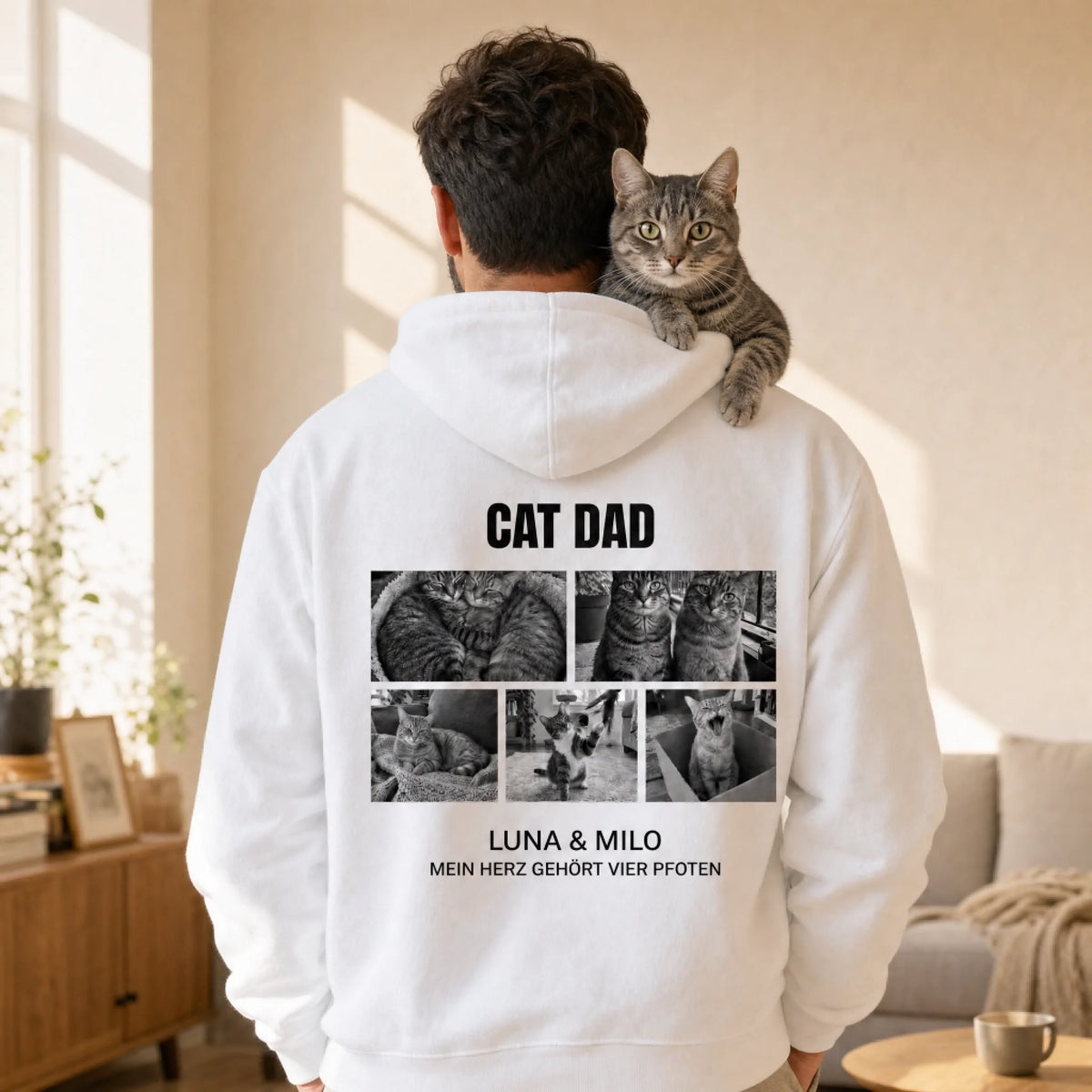 Cat Mom & Cat Dad Hoodie – Cat Dad Variante, Farbe Weiß, am Model