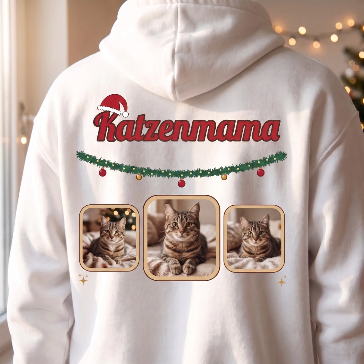 Katzenmama Weihnachts-Hoodie in Weiß – Nahaufnahme Fotodruck