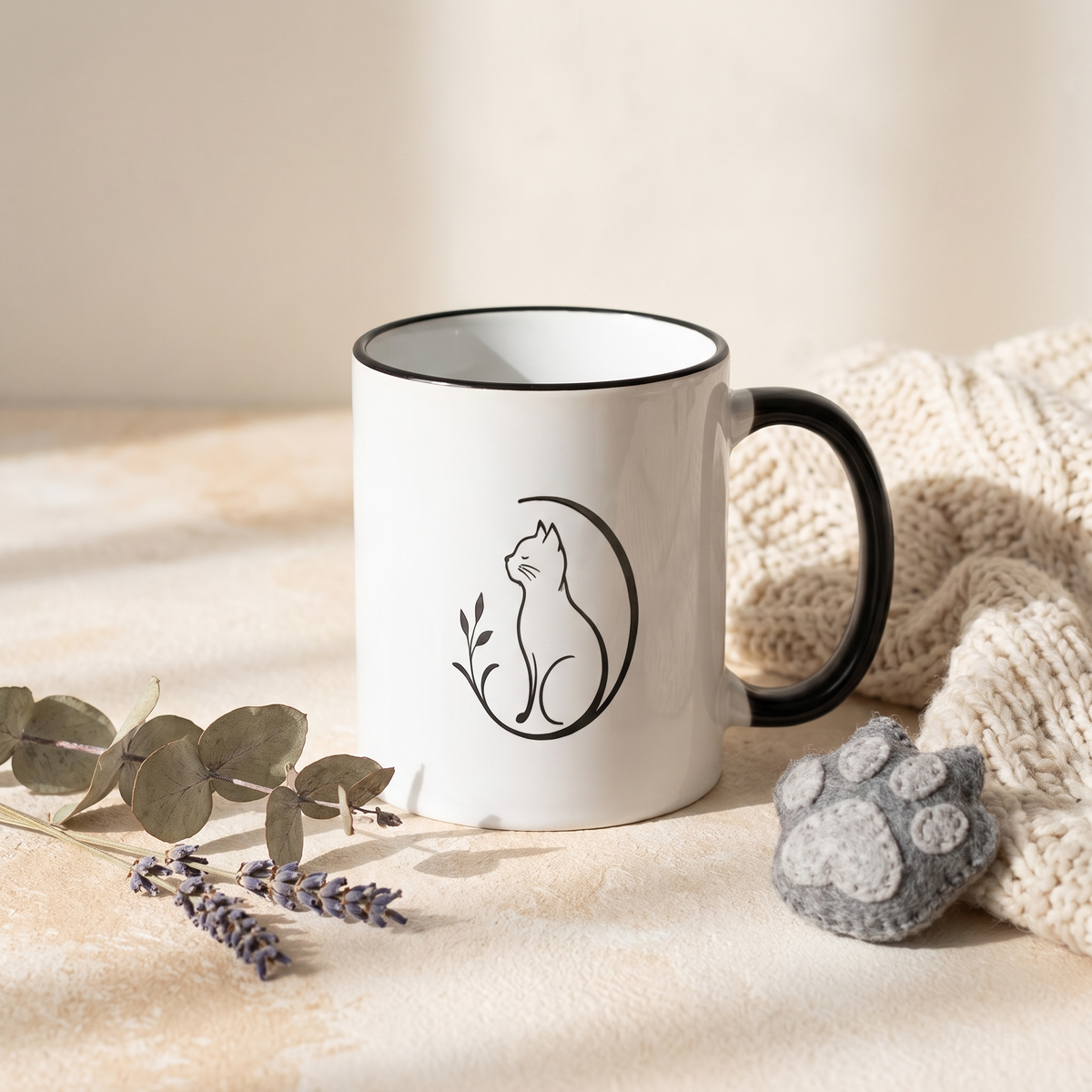 Mr. Fluffel Zaubertasse gemütlich in Lifestyle-Szene mit Decke und Blumen
