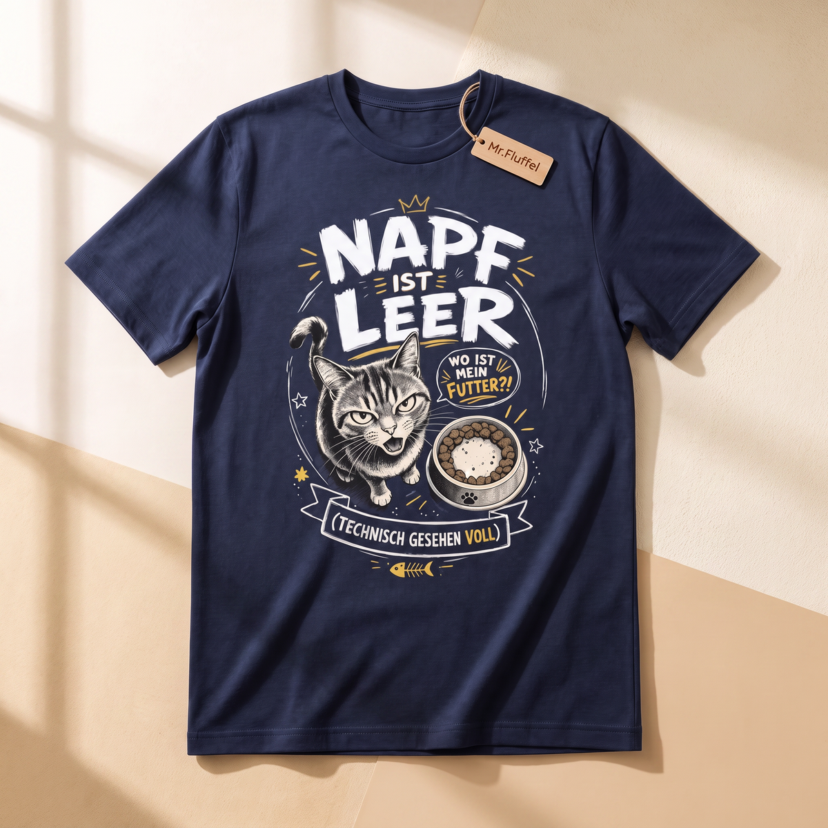 Napf ist leer Katzen-T-Shirt flach ausgelegt von Mr. Fluffel
