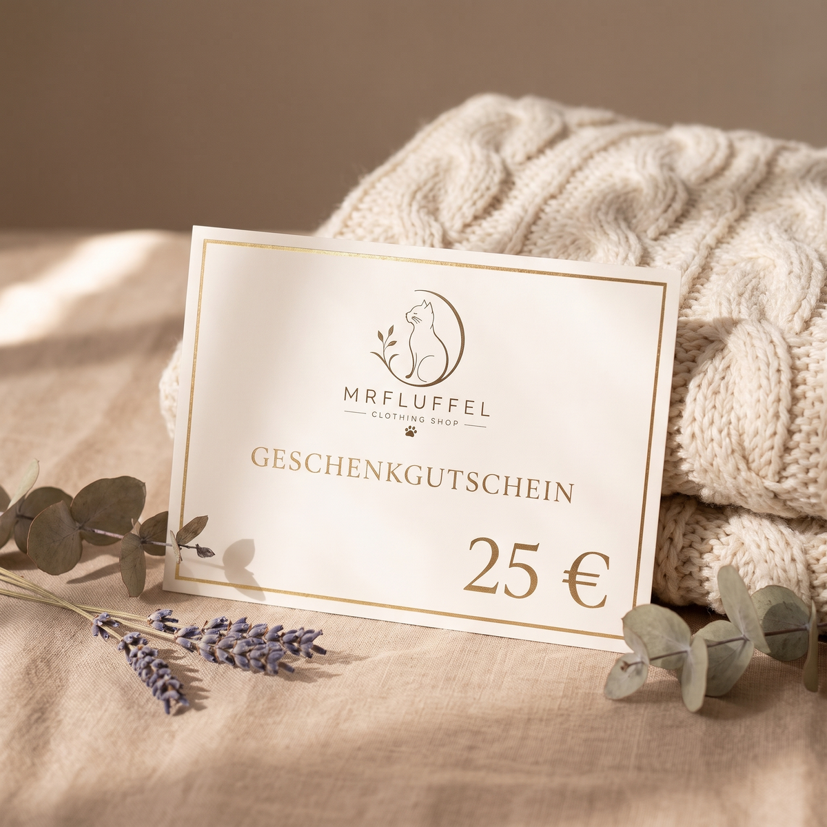 Geschenkgutschein Mr. Fluffel 25 Euro - stilvolle Flatlay Produktfoto