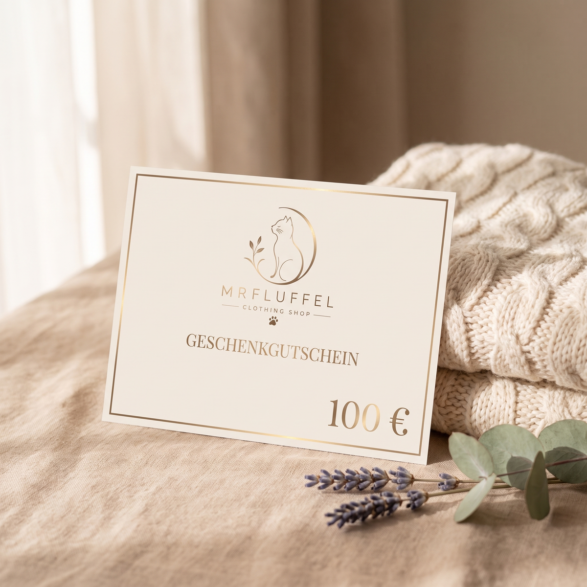 Geschenkgutschein Mr. Fluffel 100 Euro - stilvolle Flatlay Produktfoto