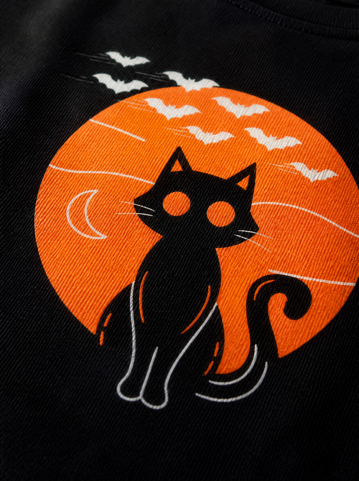 Fell-oween Halloween Katzen T-Shirt: Nahaufnahme des Drucks mit Katze und Vollmond