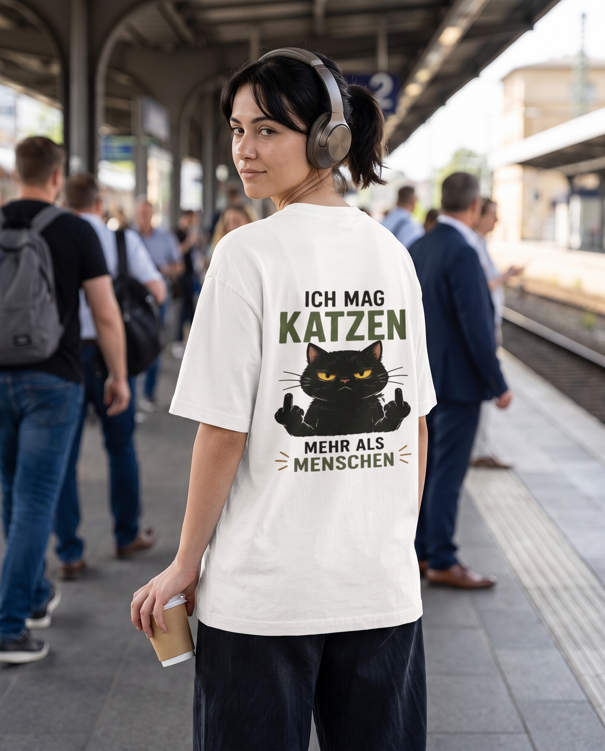 Ich mag Katzen mehr als Menschen Oversized Shirt - Frau mit Kopfhörern am Bahnsteig, Rückendruck