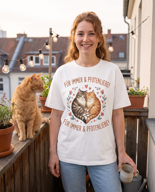 Für immer & Pfotenliebe Oversized Katzen T-Shirt - Frau auf dem Balkon mit Katze