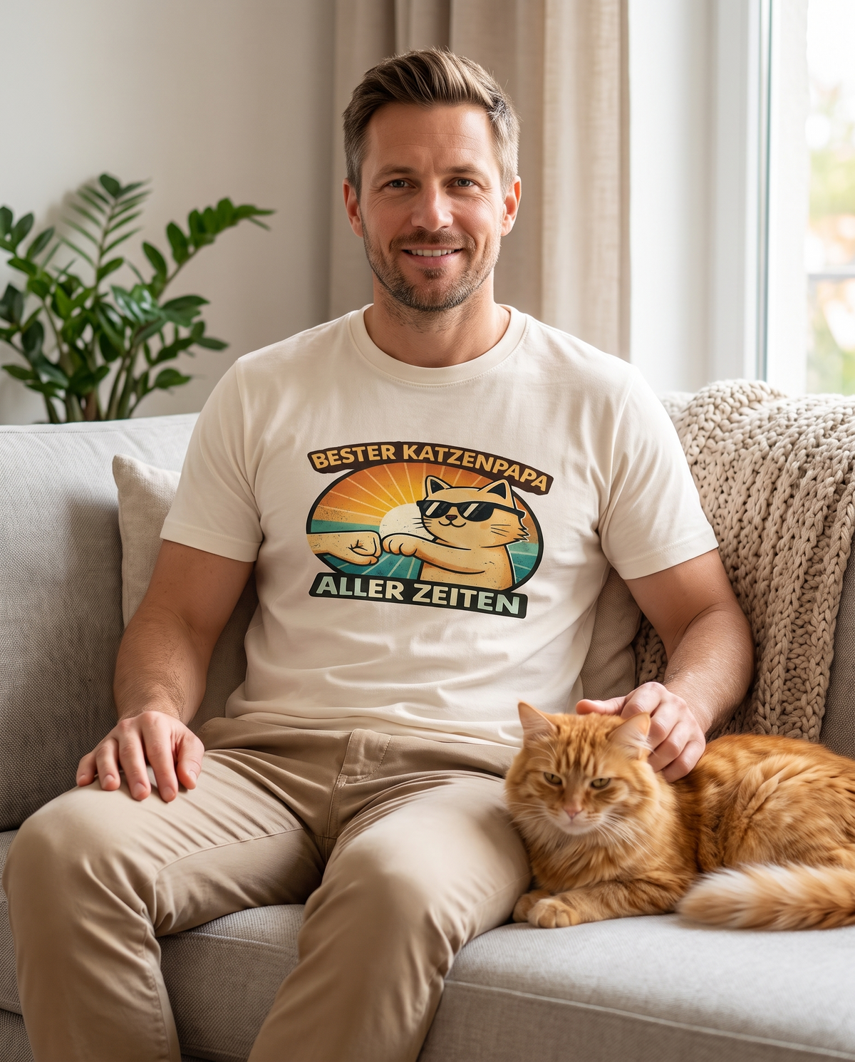 Bester Katzenpapa T-Shirt am Model – Mann mit Katze auf dem Sofa