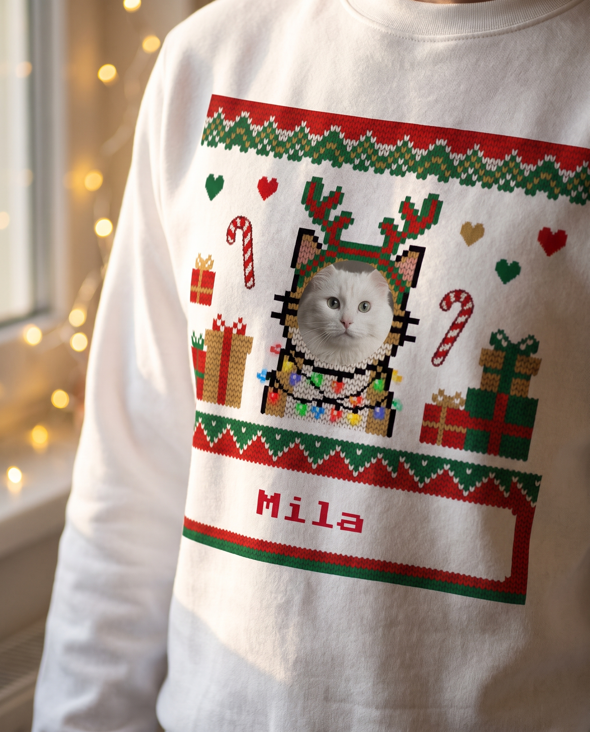 Ugly Christmas Sweater mit Katzenfoto – Nahaufnahme Druckdetail