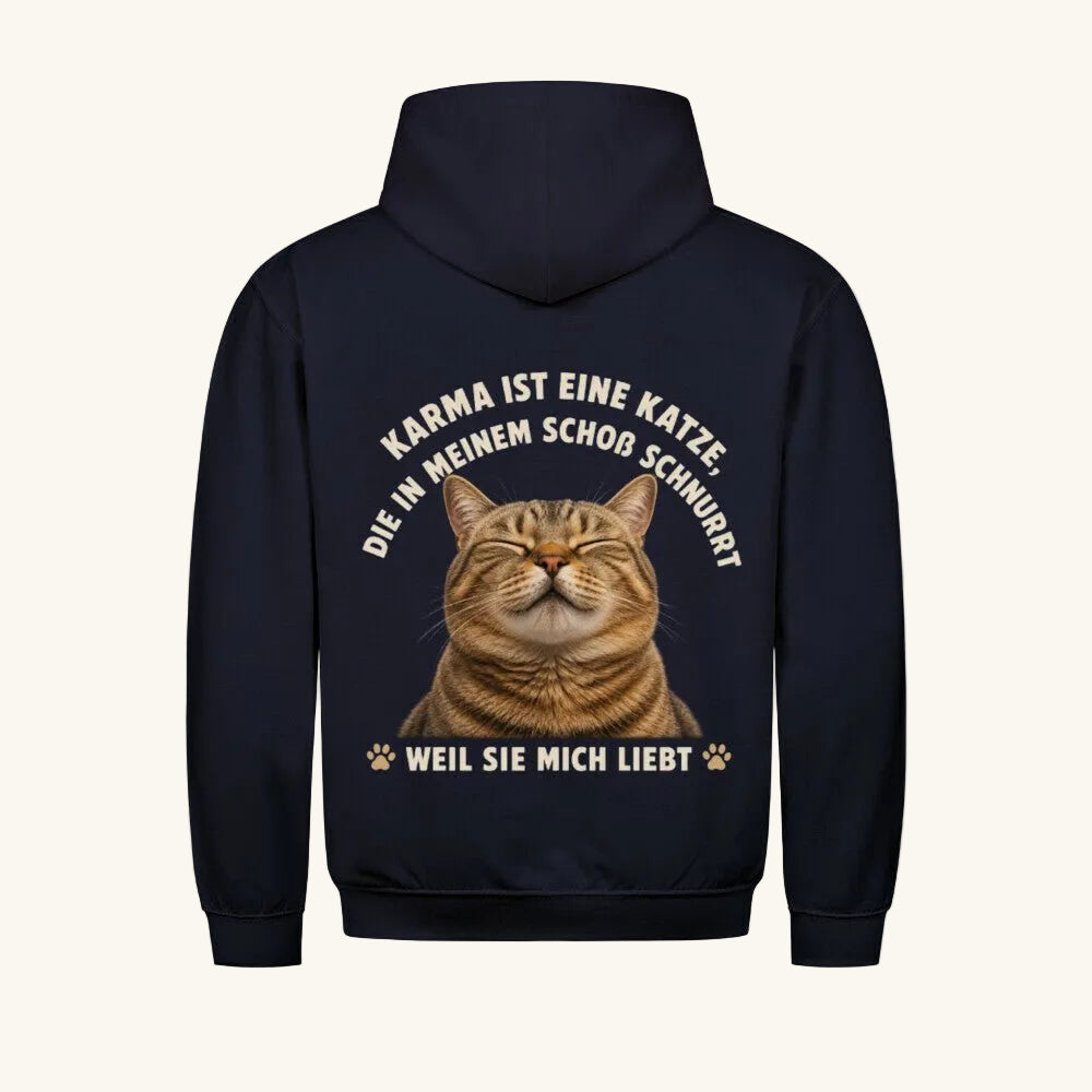 Premium Hoodie Karma ist eine Katze – Kuscheliger Hoodie mit Katzenspruch von Mr. Fluffel