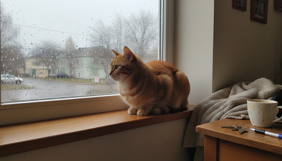 Katze sitzt am Fenster und schaut auf einen verregneten Herbsttag hinaus
