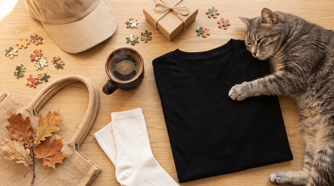 Flatlay mit Geschenken für Katzenliebhaber: gefaltetes schwarzes Shirt, Tasse, Socken, Cap, Jutebeutel und Puzzleteile auf Holztisch, daneben eine graue Katze