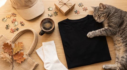 Flatlay mit Geschenken für Katzenliebhaber: gefaltetes schwarzes Shirt, Tasse, Socken, Cap, Jutebeutel und Puzzleteile auf Holztisch, daneben eine graue Katze