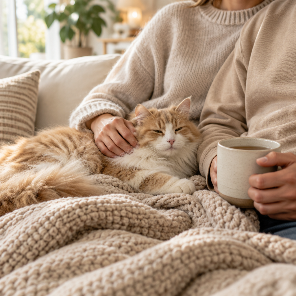 Paar kuschelt mit Katze auf dem Sofa – Geschenke für Katzeneltern von Mr. Fluffel