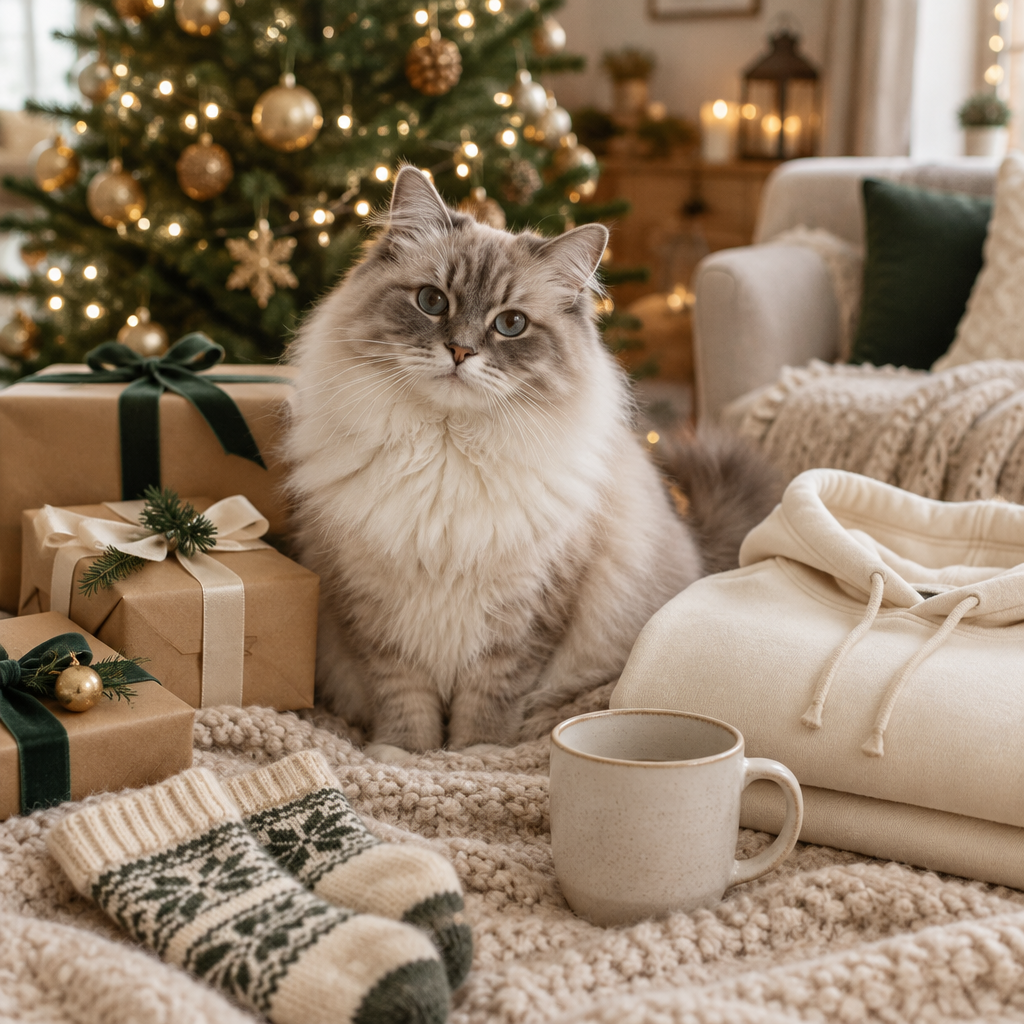 Katze zwischen Weihnachtsgeschenken vor einem Weihnachtsbaum – Weihnachtsgeschenke für Katzenliebhaber von Mr. Fluffel