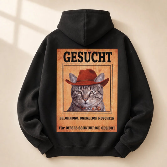 Gesucht: Meine Katze! – Hoodie Schwarz, Rückendruck mit Katze im Steckbrief-Look