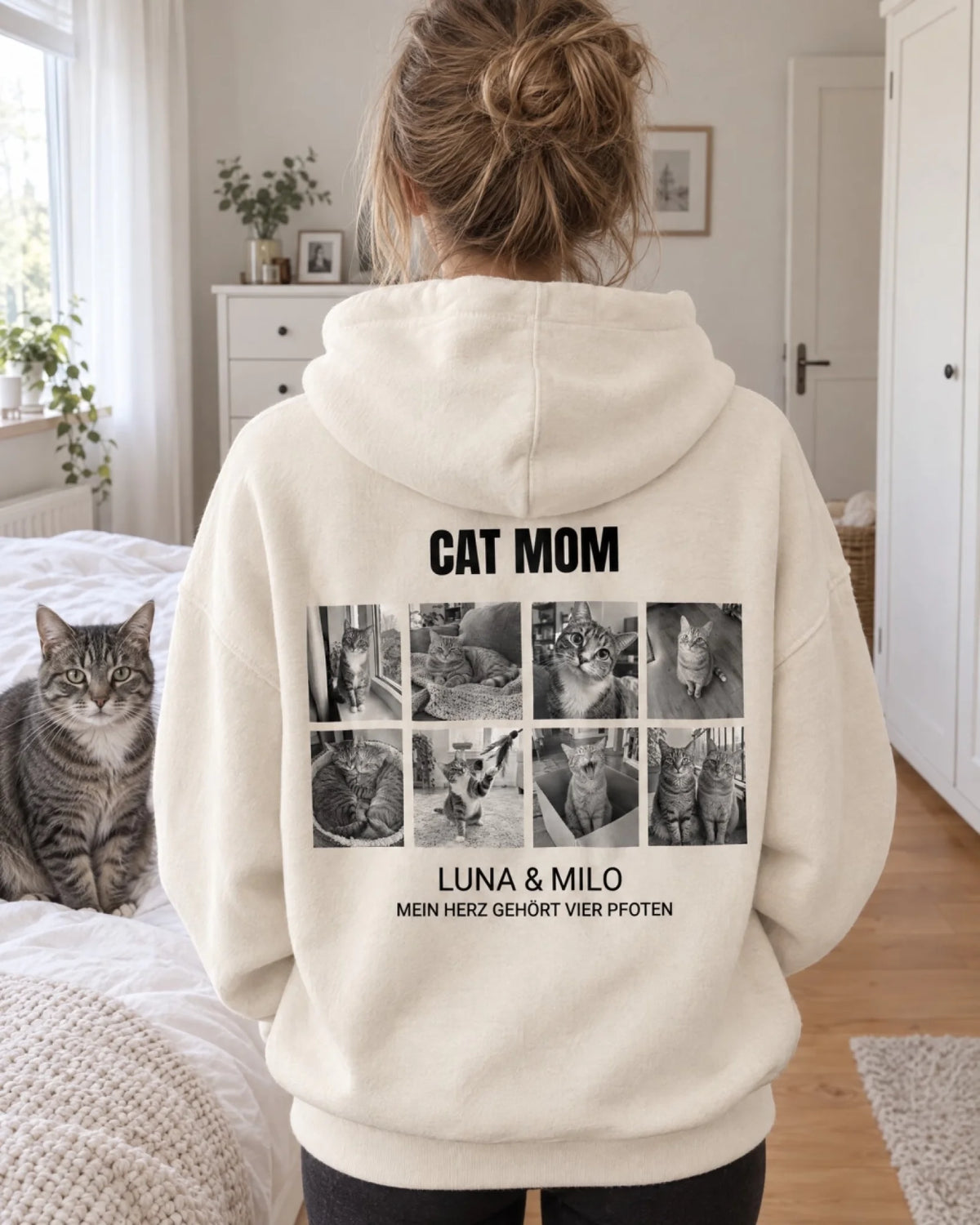 Cat Mom & Cat Dad Hoodie – Cat Mom Variante, getragen
