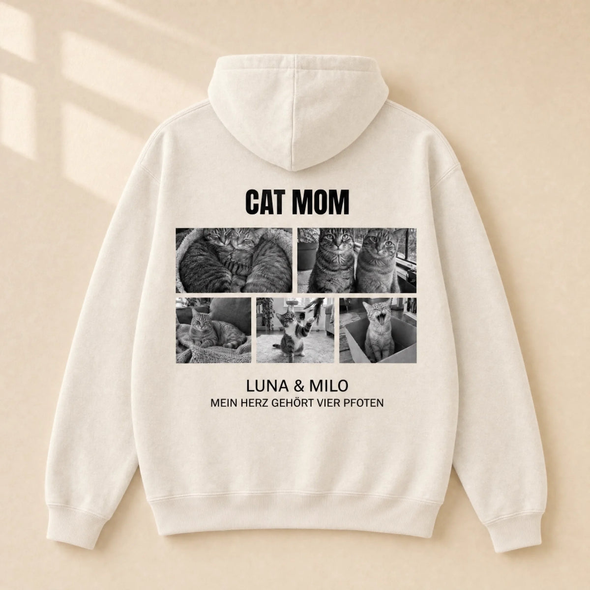 Cat Mom & Cat Dad Hoodie – Farbe Beige, mit 5 Fotos