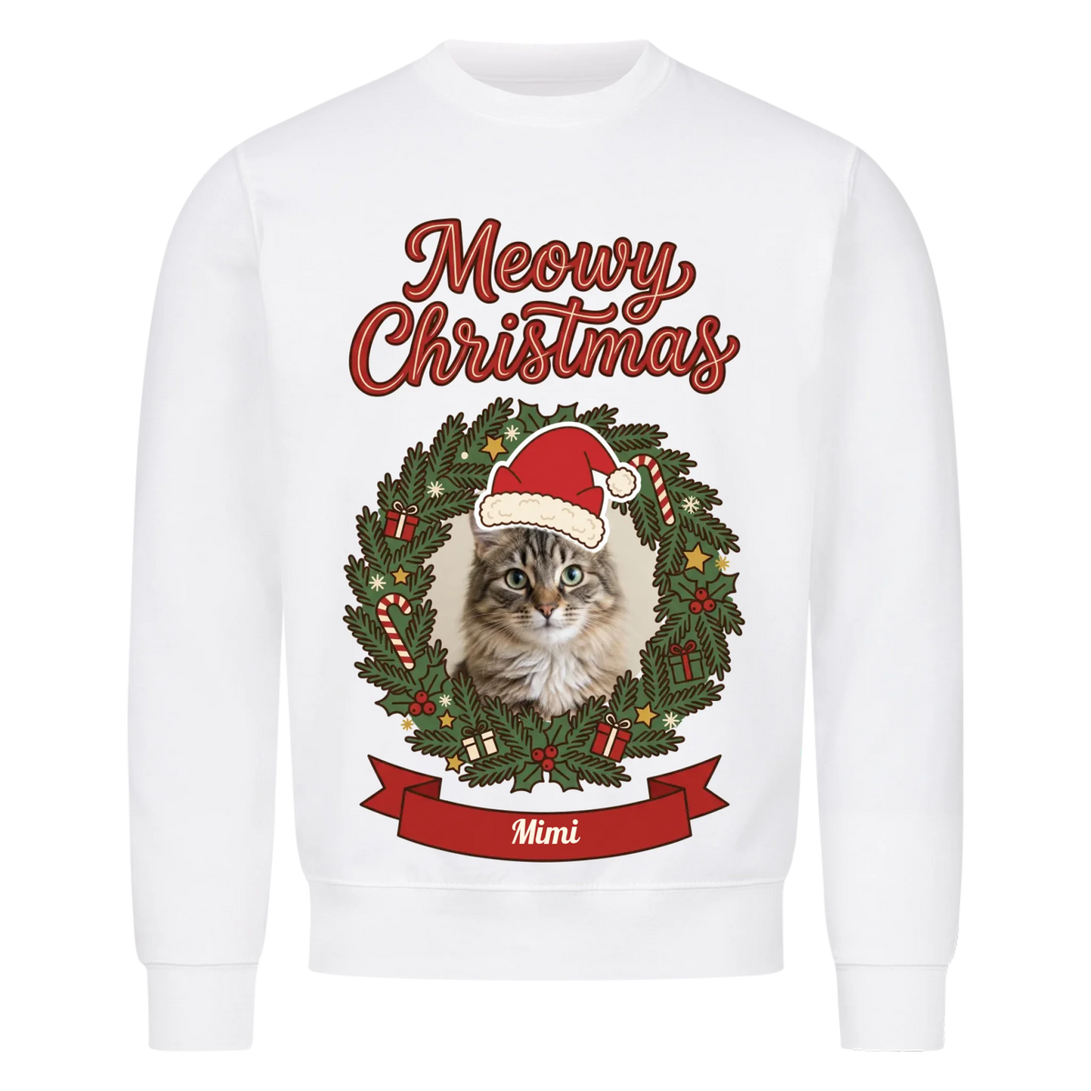 Meowy Christmas Sweatshirt – Produktfoto, Farbe Weiß