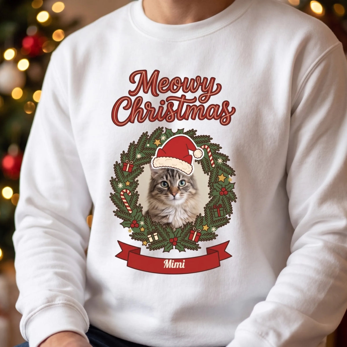 Meowy Christmas Sweatshirt – Nahaufnahme Druckdetail