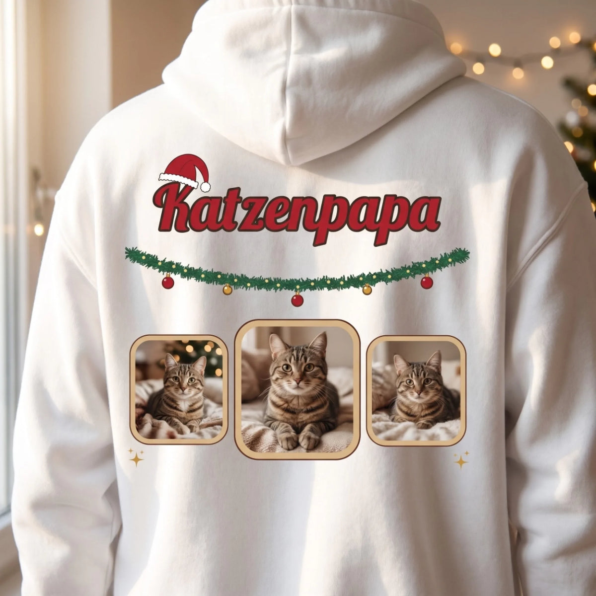 Katzenpapa Weihnachts-Hoodie in Weiß – Nahaufnahme Fotodruck