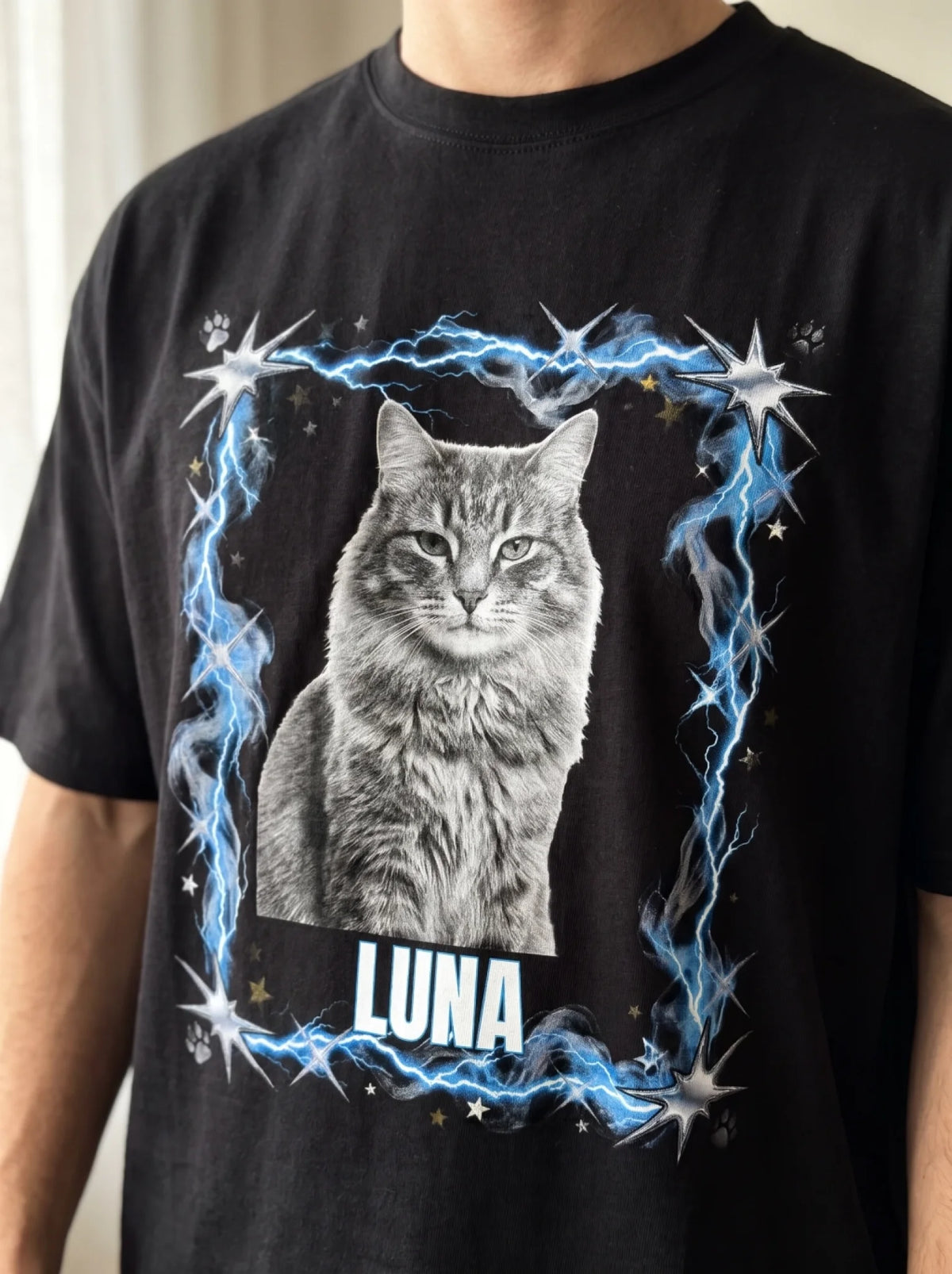 Bootleg Katzen Shirt – Nahaufnahme vom Fotodruck