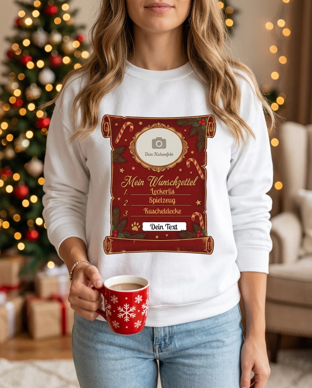 Frau trägt personalisierten Weihnachtspullover mit Haustierfoto und Namen