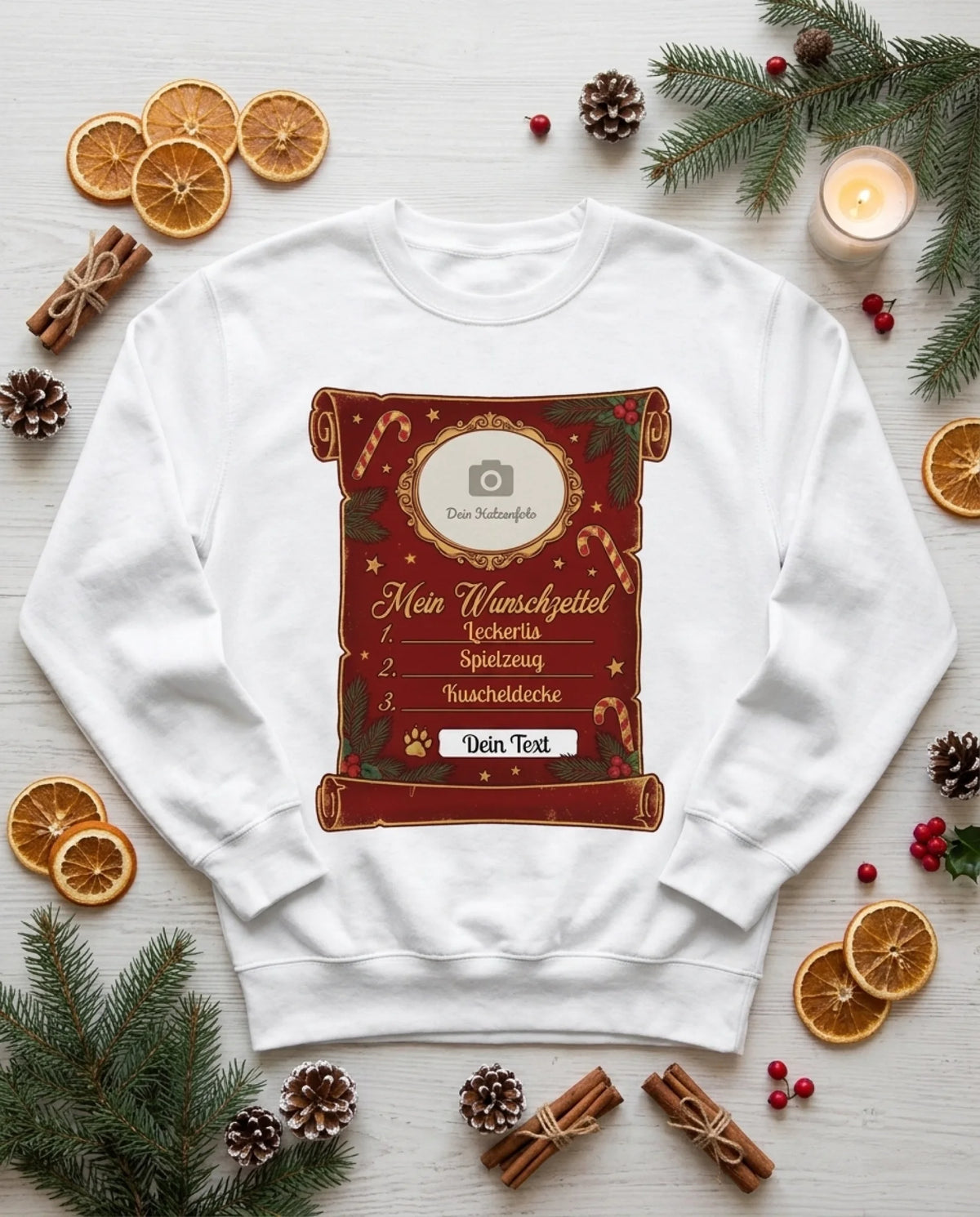 Personalisiertes Wunschzettel Sweatshirt mit Katzenfoto als weihnachtliches Flatlay