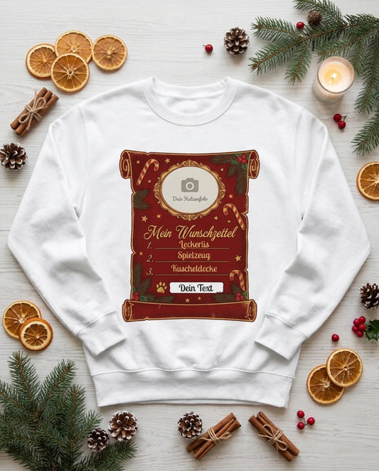 Personalisiertes Wunschzettel Sweatshirt mit Katzenfoto als weihnachtliches Flatlay