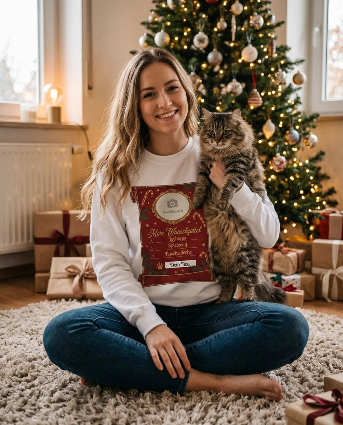 Frau mit Katze im personalisierten Wunschzettel Weihnachtspullover von Mr. Fluffel