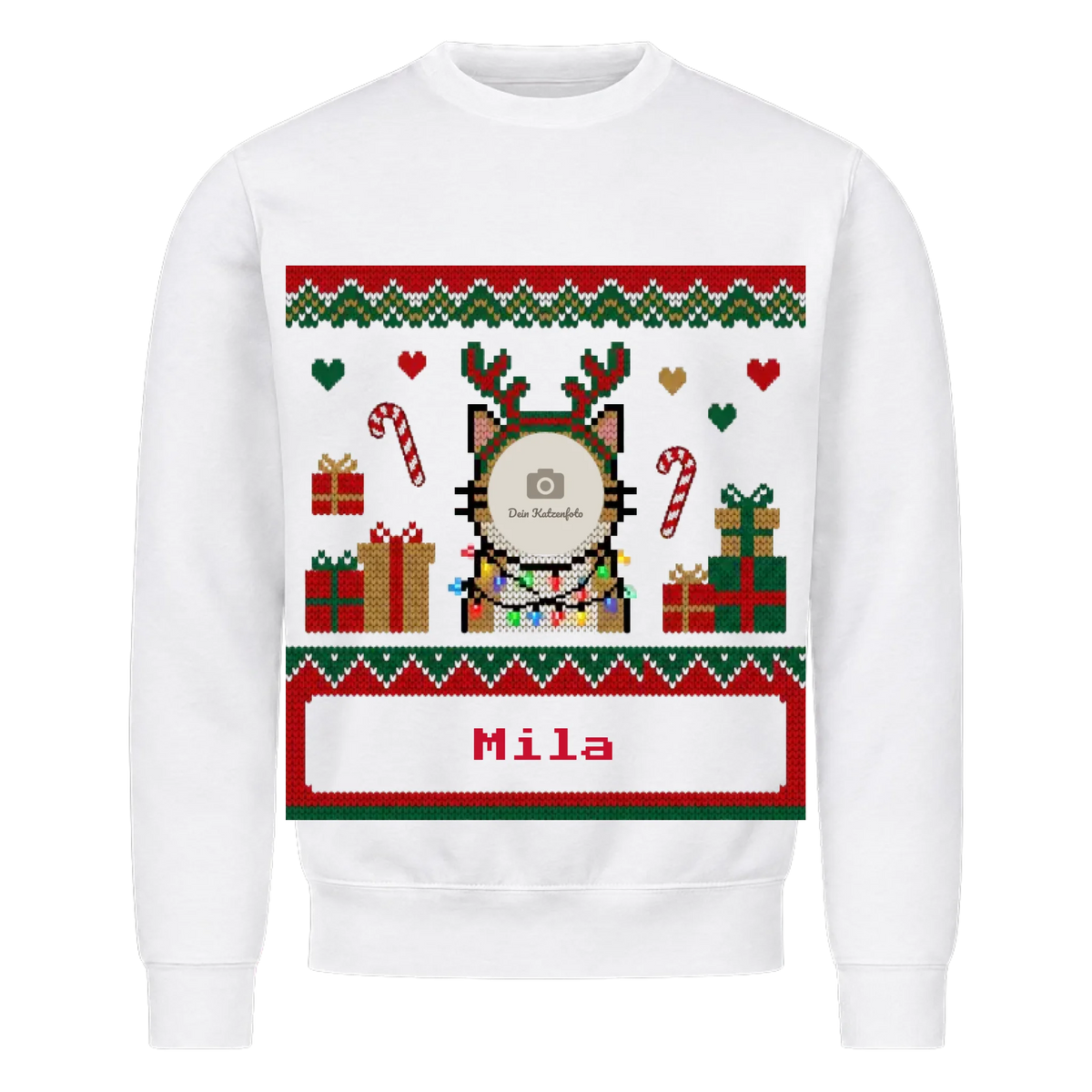 Ugly Christmas Sweater mit Katzenfoto – personalisierter Weihnachtspullover mit Katzenfoto & Namen von Mr. Fluffel