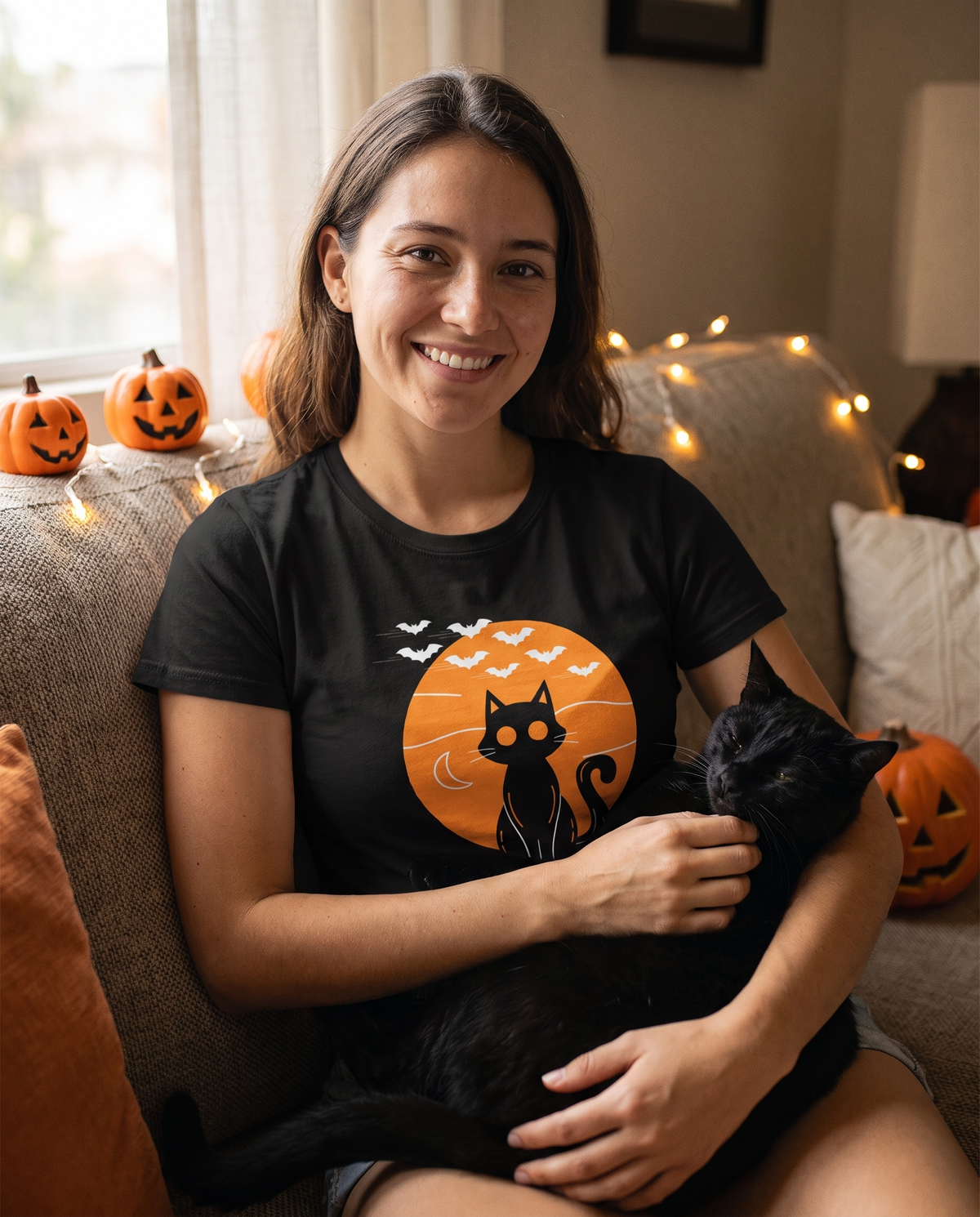 Fell-oween Halloween Katzen T-Shirt: Model kuschelt mit ihrer Katze in gemütlicher Halloween-Deko