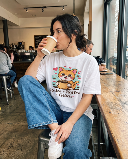 Katze + Kaffee = Glück Premium Katzen T-Shirt - Frau trinkt Kaffee im Café