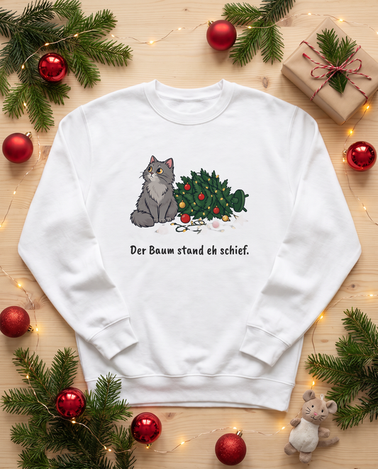 Flatlay Weihnachtspullover mit Katze und Weihnachtsdeko