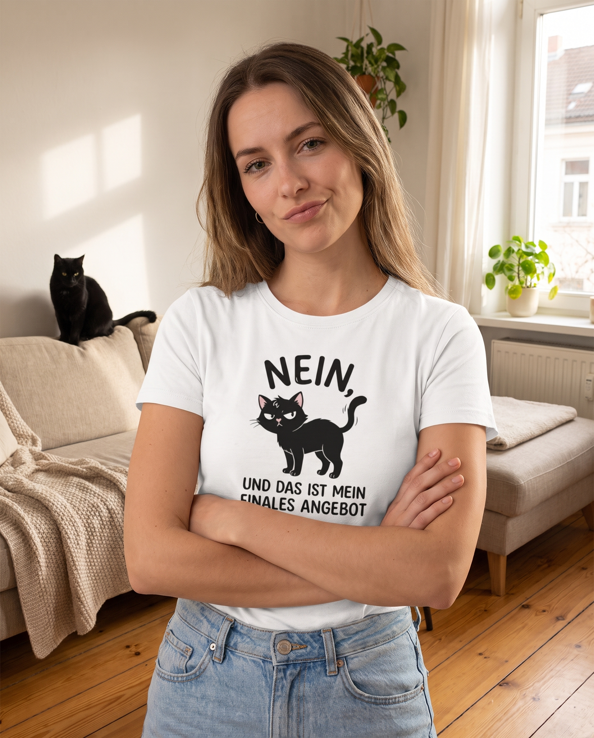 Frau trägt weißes Katzen T-Shirt Nein, und das ist mein finales Angebot