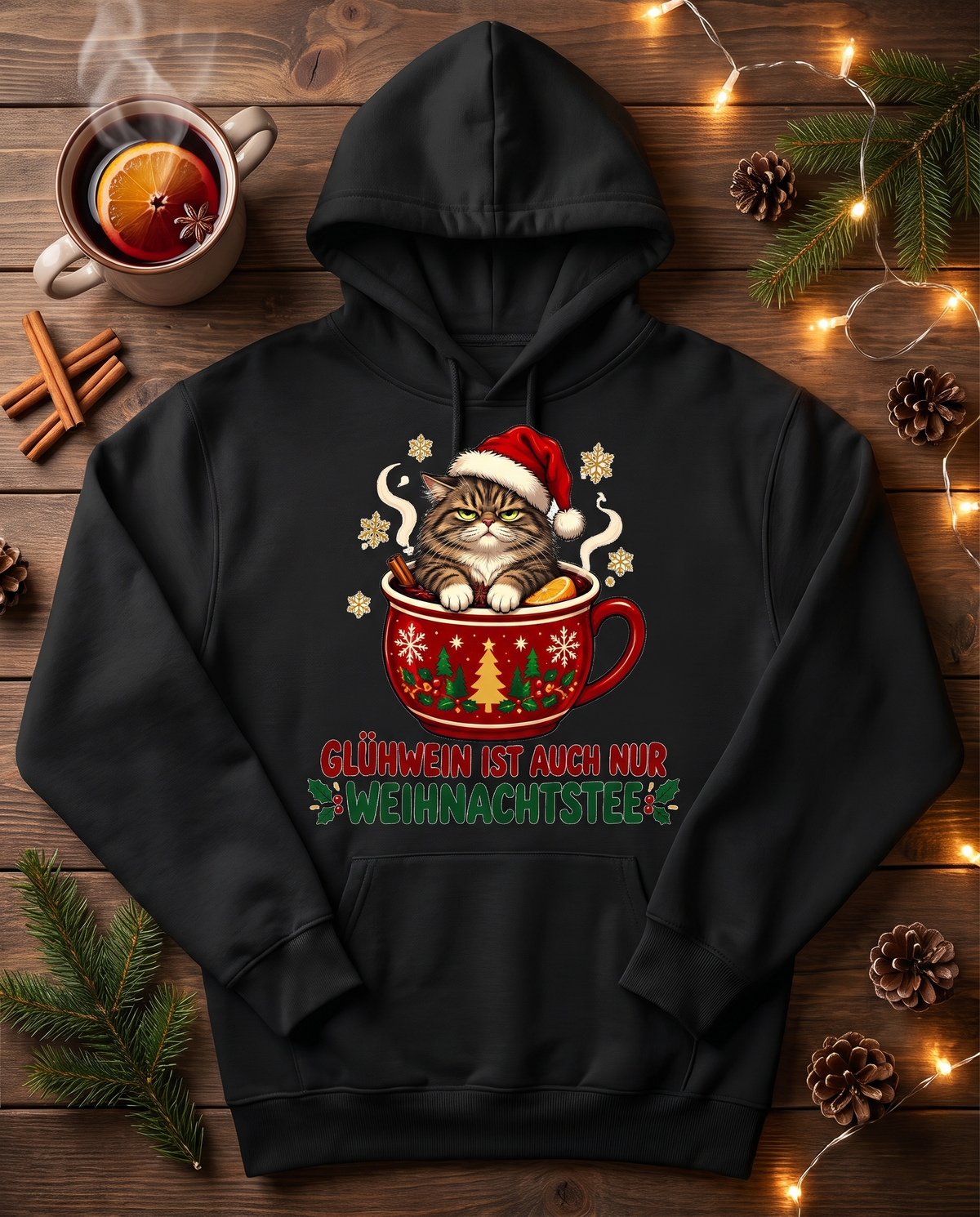 Glühwein ist auch nur Weihnachtstee Hoodie schwarz – Flatlay mit Glühwein und Tannenzweigen