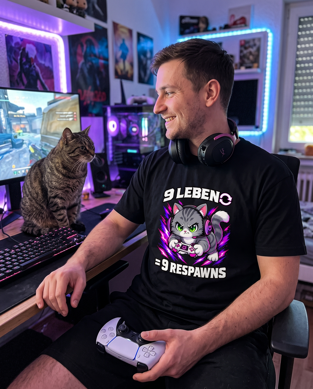 9 Leben, 9 Respawns – Gamer Katzen T-Shirt von Mr. Fluffel – weitere Ansicht